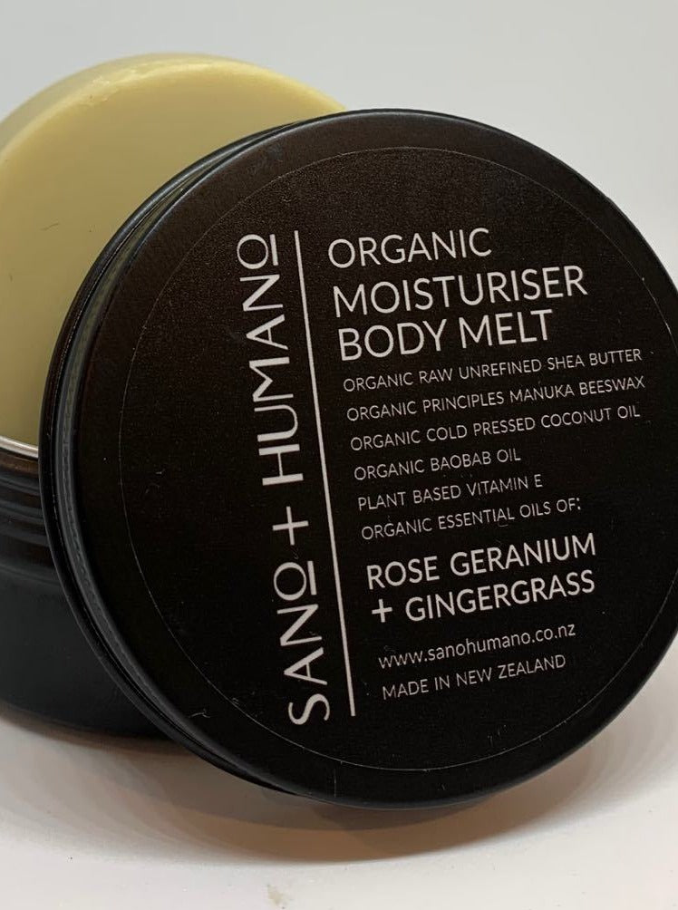 Organic Moisturiser Body Melt, Rose Geranium + Gingergrass - with travel tin